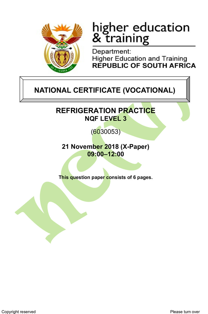 Refrigeration Practice Level 3 DHET NCV November 2018 Paper X - Question Paper