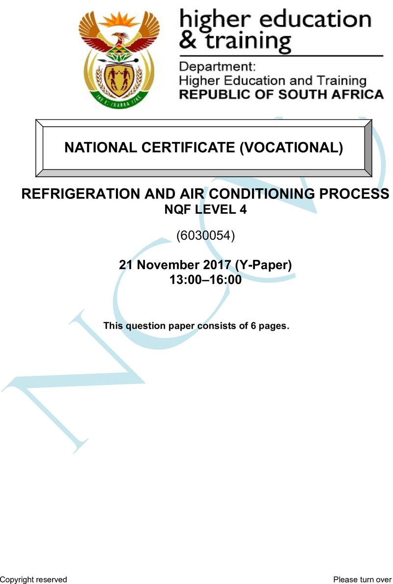 Refrigeration and Air Conditioning Level 4 DHET NCV November 2017 Paper Y - Question Paper