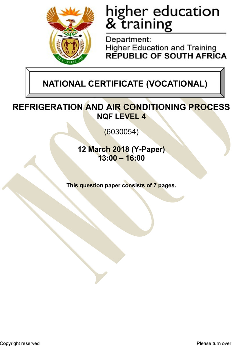 Refrigeration and Air Conditioning Level 4 DHET NCV March 2018 Paper Y - Question Paper