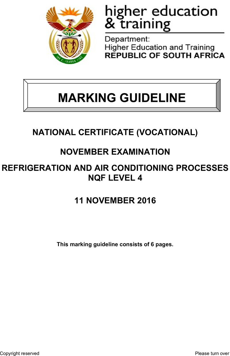 Refrigeration and Air Conditioning Processes Level 4 DHET NCV November 2016 - Memo