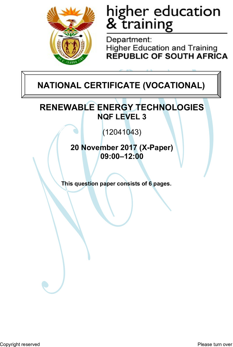 Renewable Energy Technologies Level 3 DHET NCV November 2017 Paper X - Question Paper