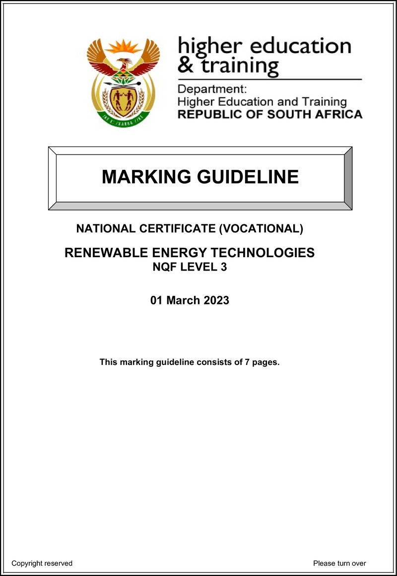 Renewable Energy Technologies Level 3 DHET NCV March 2023 - Memo