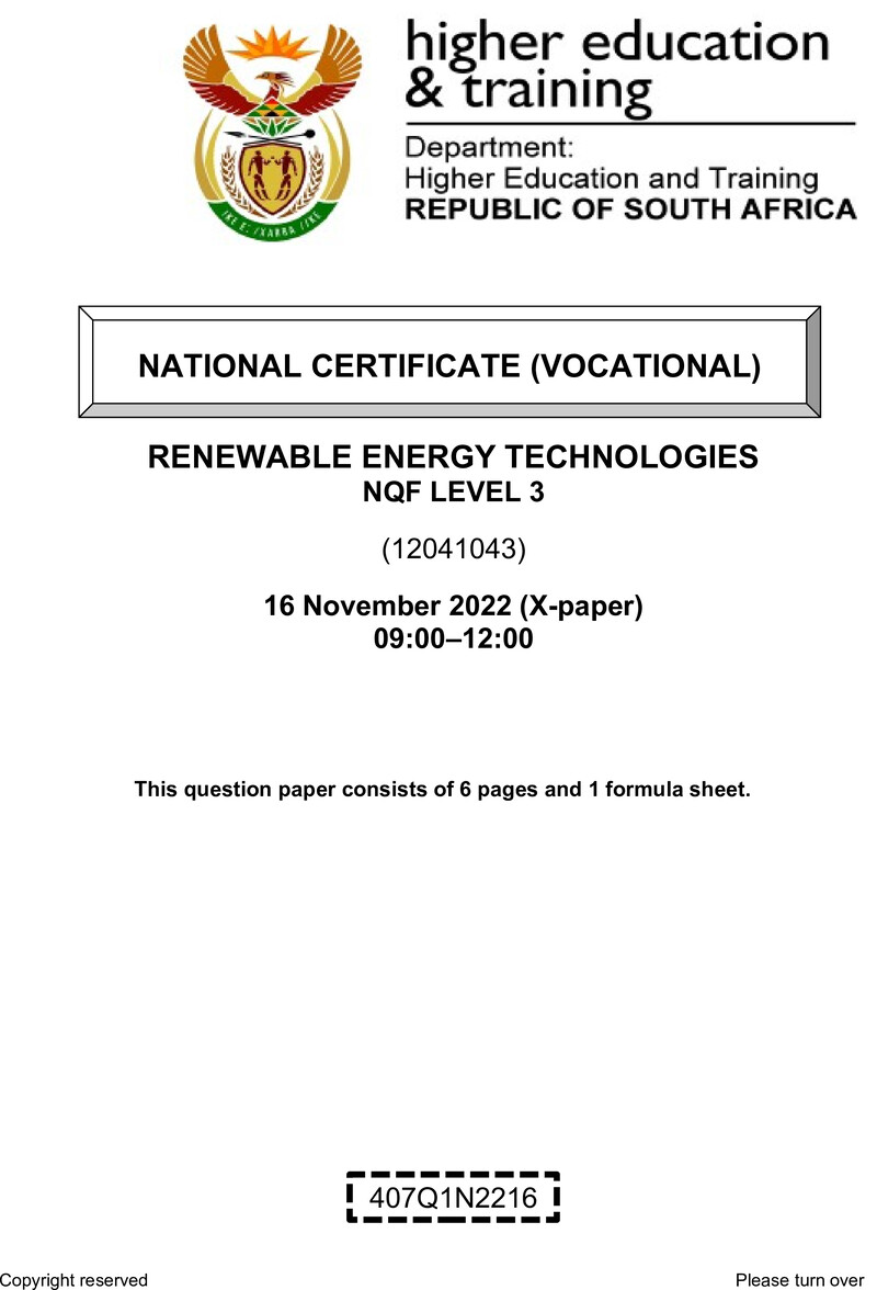 Renewable Energy Technologies Level 3 DHET NCV November 2022 Paper X - Question Paper