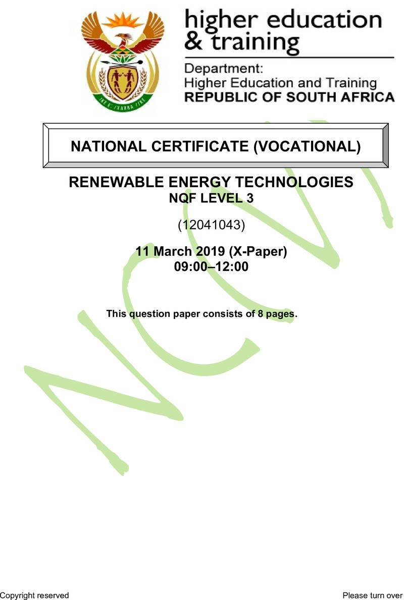 Renewable Energy Technologies Level 3 DHET NCV March 2019 Paper X - Question Paper