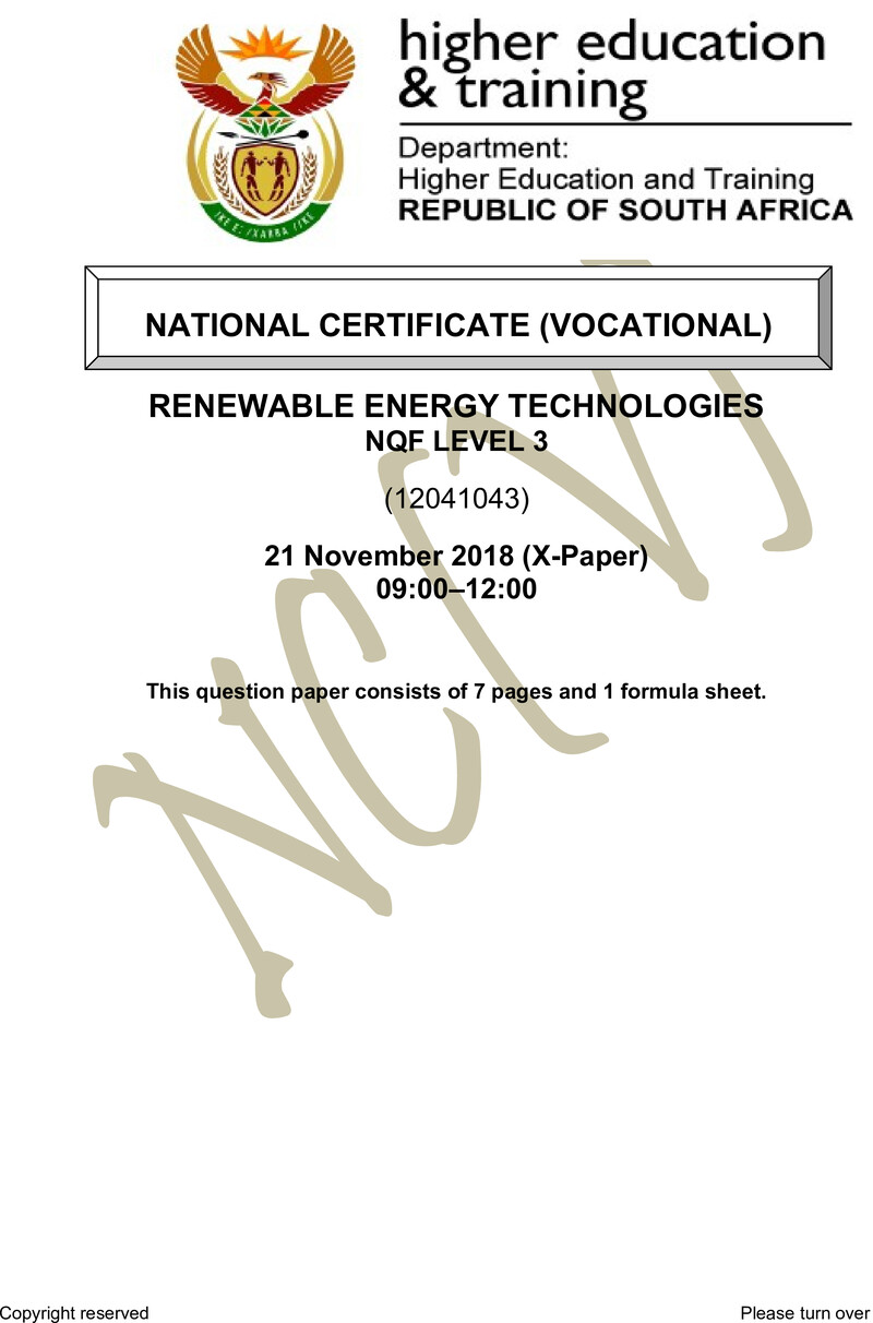 Renewable Energy Technologies Level 3 DHET NCV November 2018 Paper X - Question Paper