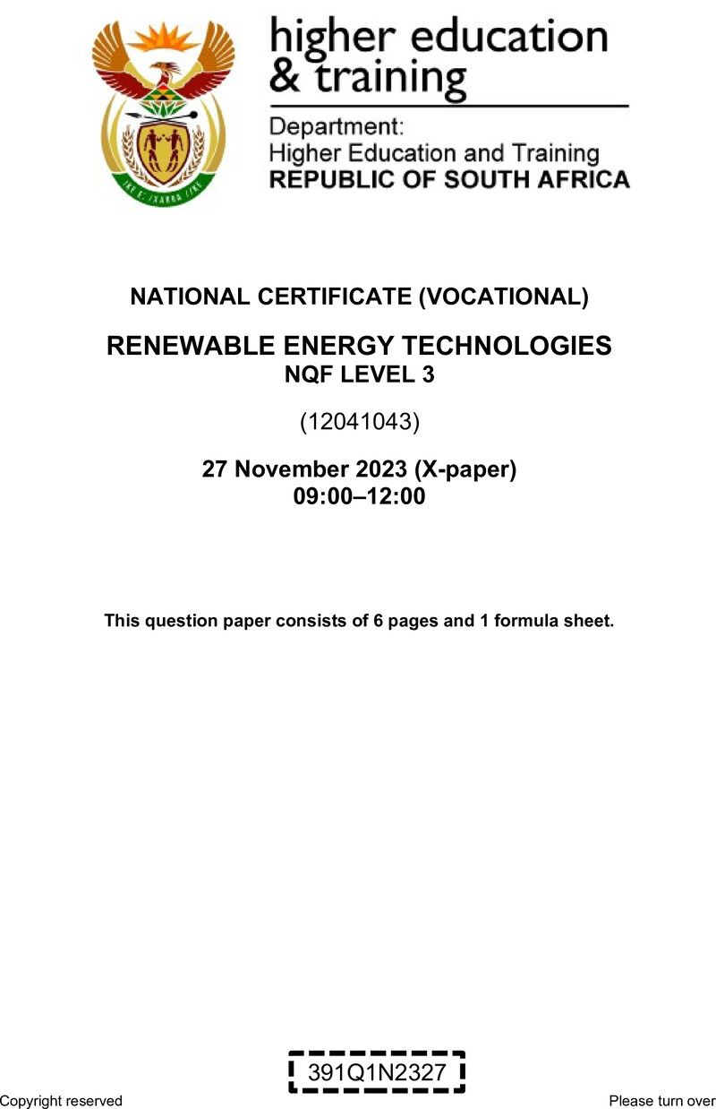 Renewable Energy Technologies Level 3 DHET NCV November 2023 Paper X - Question Paper