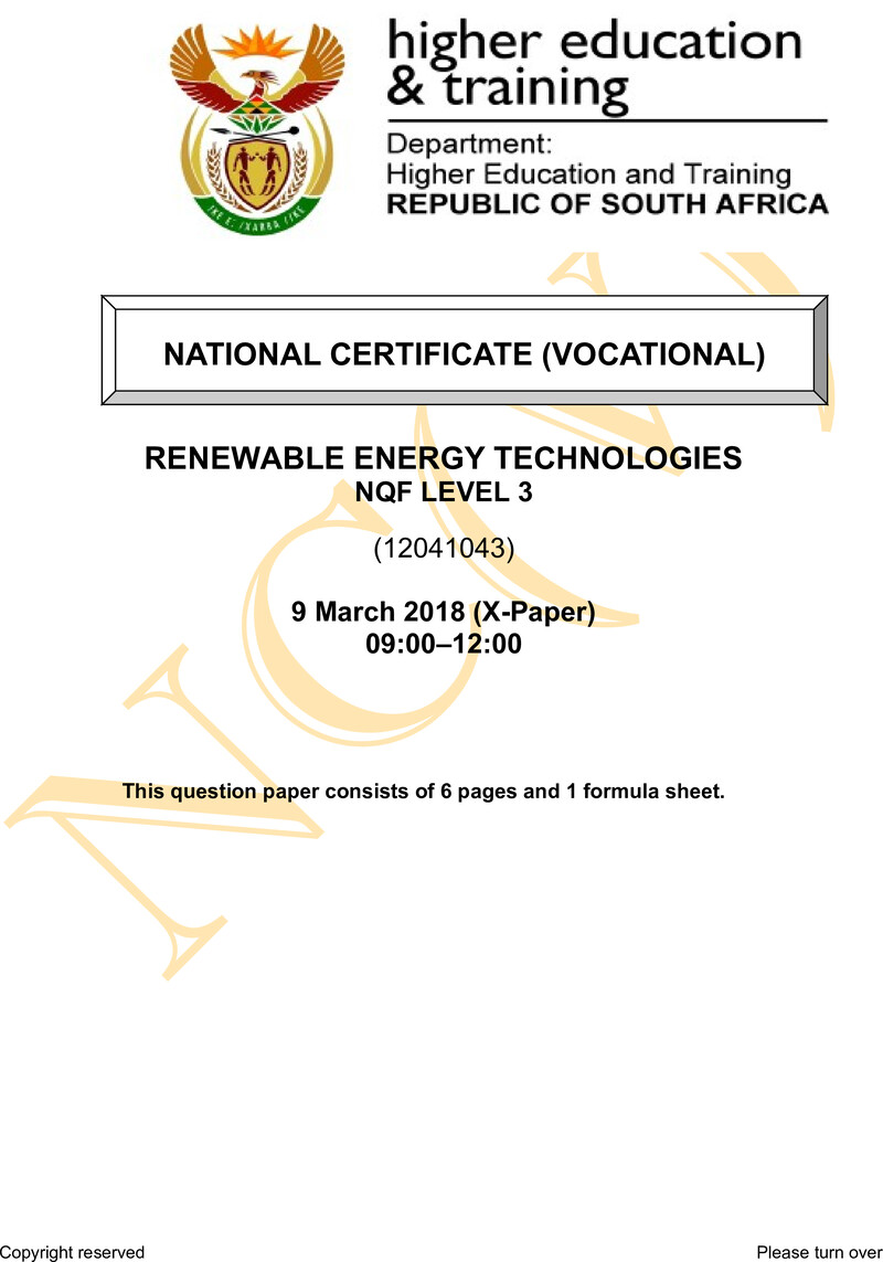 Renewable Energy Technologies Level 3 DHET NCV March 2018 Paper X - Question Paper