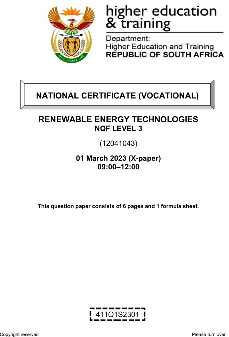 Renewable Energy Technologies Level 3 DHET NCV March 2023 Paper X - Question Paper