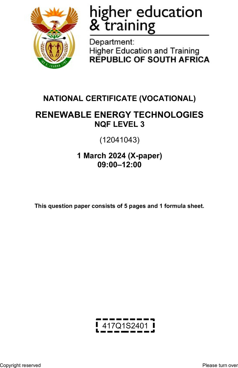 Renewable Energy Technologies Level 3 DHET NCV March 2024 Paper X - Question Paper