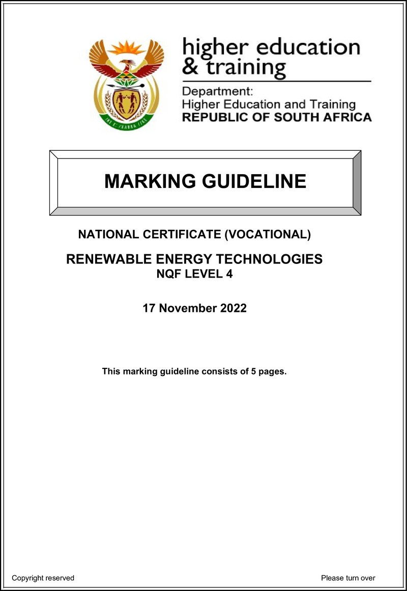 Renewable Energy Technologies Level 4 DHET NCV 2022 - Memo