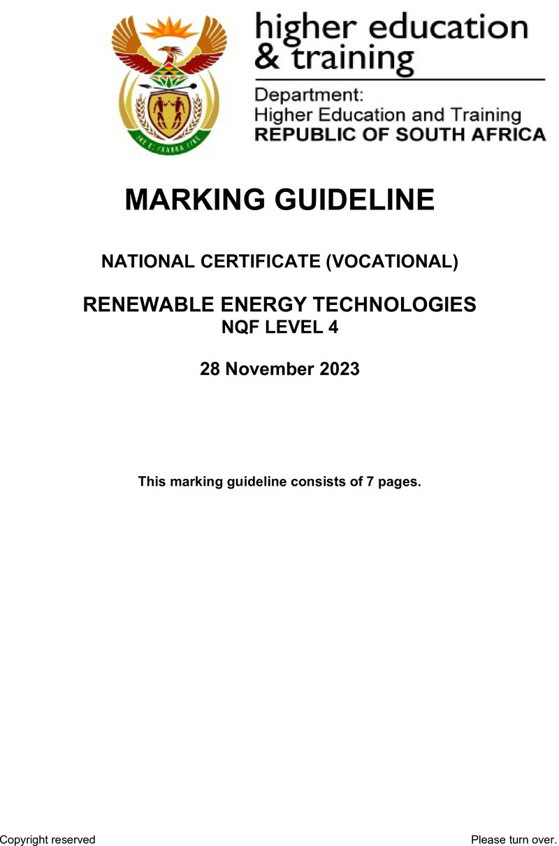 Renewable Energy Technologies Level 4 DHET NCV 2023 - Memo