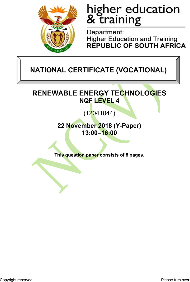 Renewable Energy Technologies Level 4 DHET NCV November 2018 Paper Y - Question Paper
