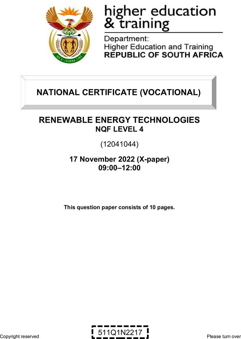 Renewable Energy Technologies Level 4 DHET NCV November 2022 Paper X - Question Paper