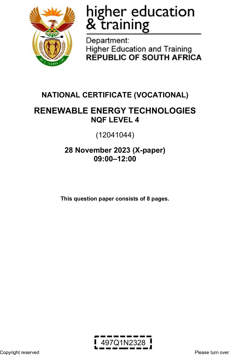 Renewable Energy Technologies Level 4 DHET NCV November 2023 Paper X - Question Paper