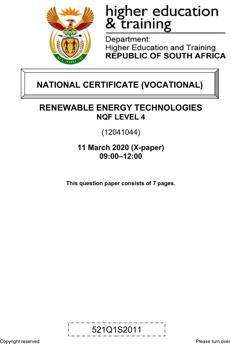 Renewable Energy Technologies Level 4 DHET NCV March 2020 Paper X - Question Paper