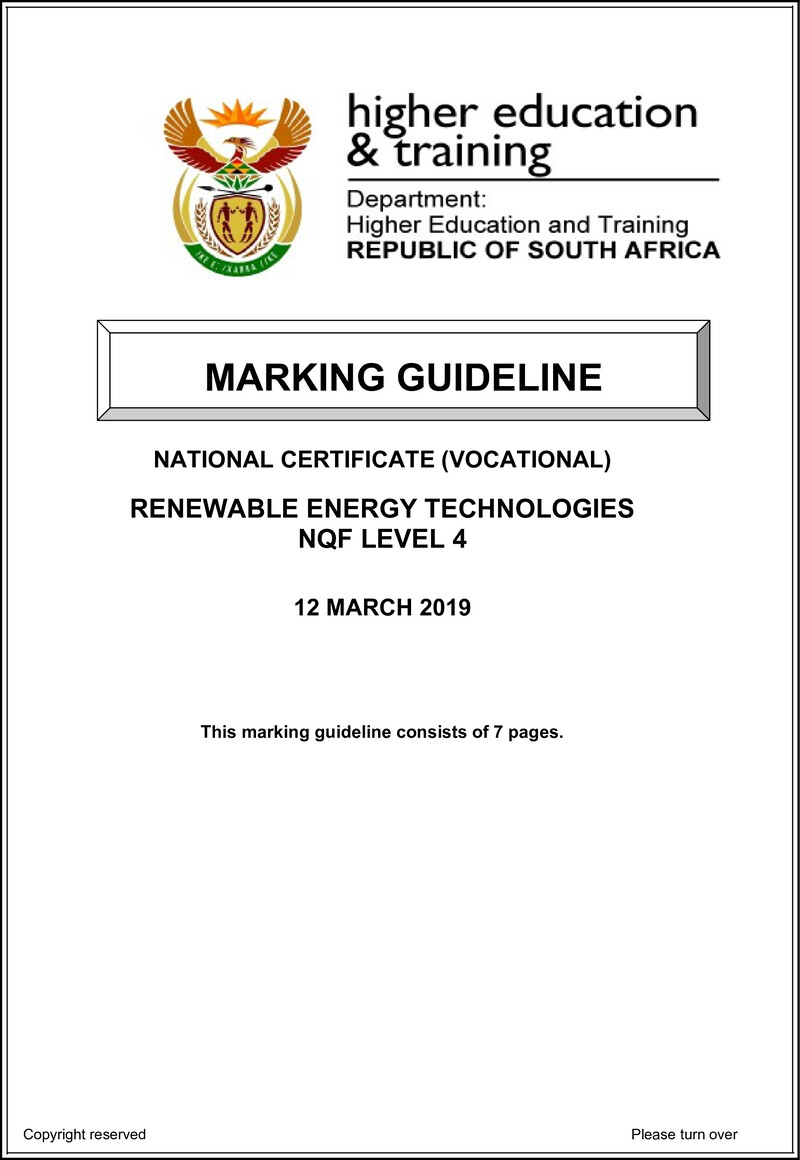 Renewable Energy Technologies Level 4 DHET NCV March 2019 - Memo