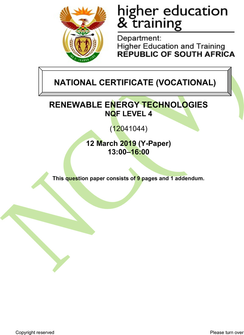 Renewable Energy Technologies Level 4 DHET NCV March 2019 Paper Y - Question Paper