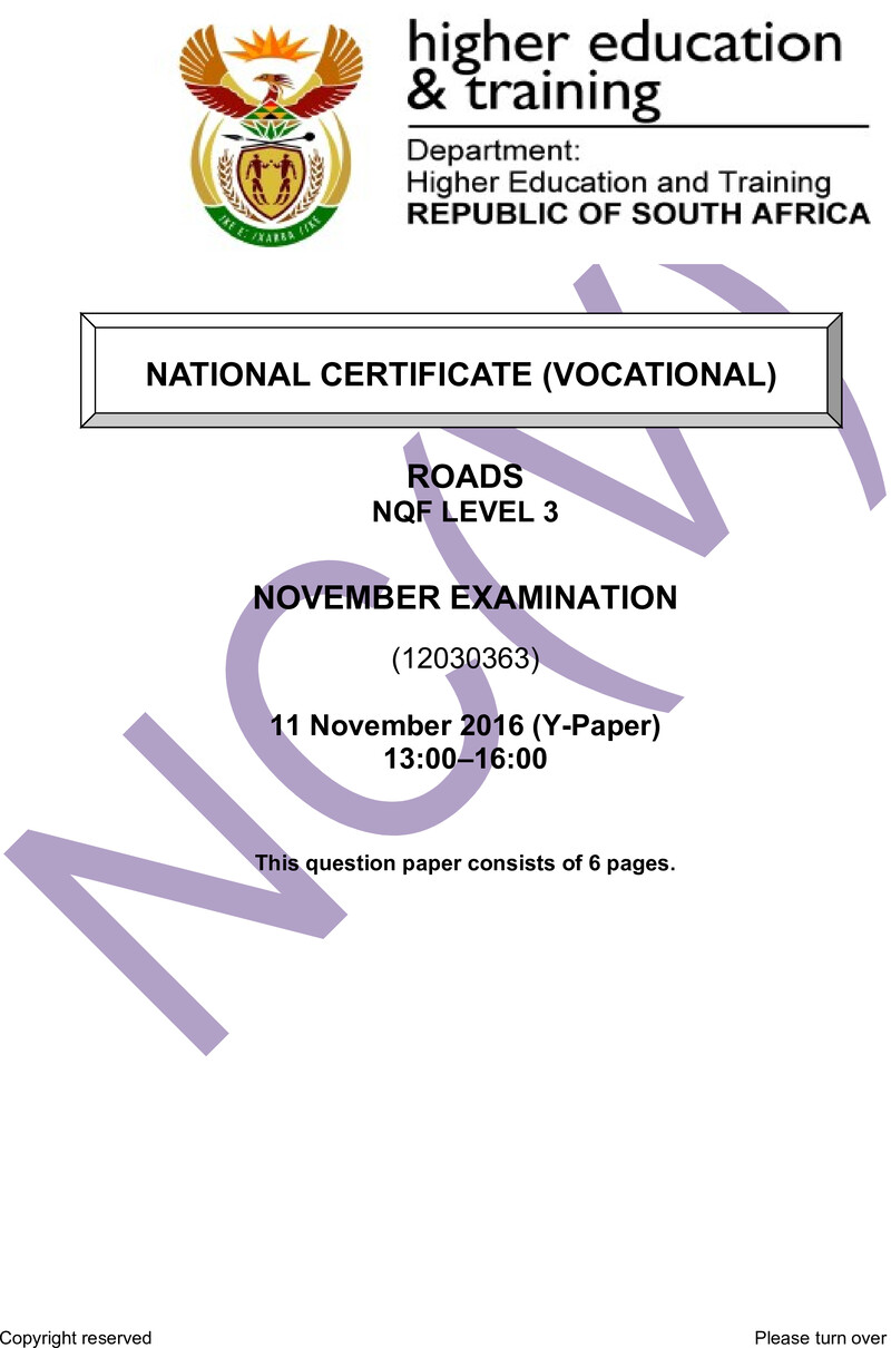Roads Level 3 DHET NCV November 2016 Paper Y - Question Paper