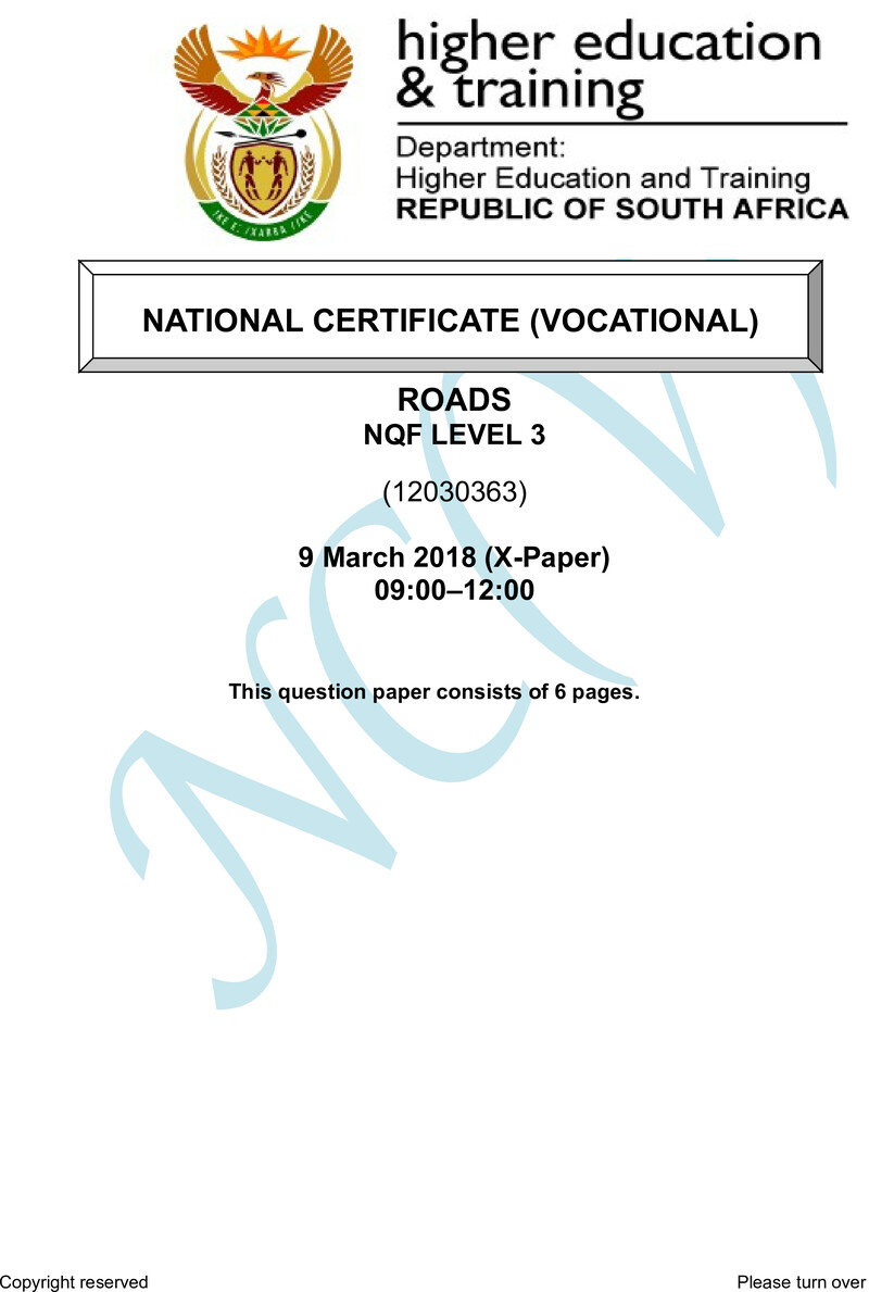 Roads Level 3 DHET NCV March 2018 Paper X - Question Paper