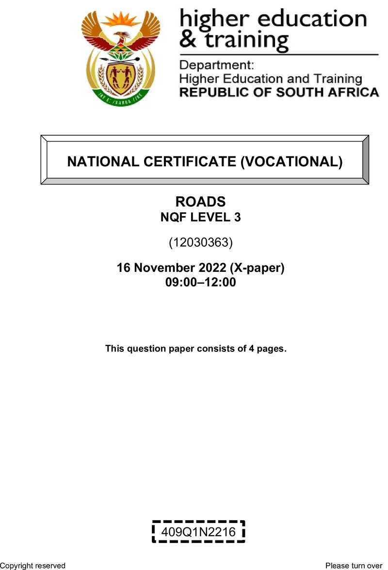 Roads Level 3 DHET NCV November 2022 Paper X - Question Paper