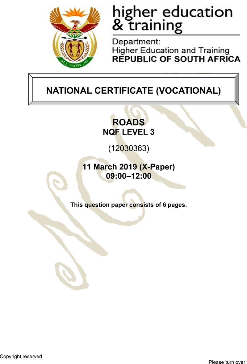 Roads Level 3 DHET NCV March 2019 Paper X - Question Paper