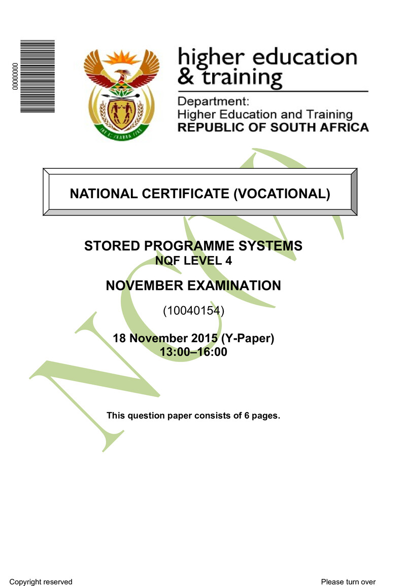 Stored Programme Systems Level 4 DHET NCV November 2015 Paper Y - Question Paper