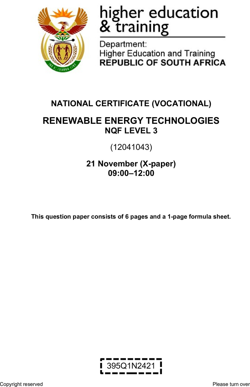 Renewable Energy Technologies Level 3 DHET NCV November 2023 Paper X - Question Paper