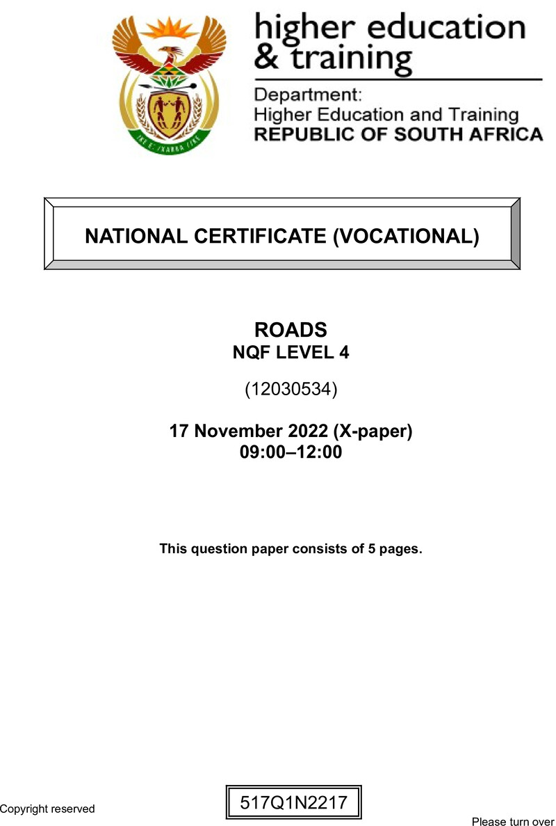 Roads Level 4 DHET NCV November 2022 Paper X - Question Paper