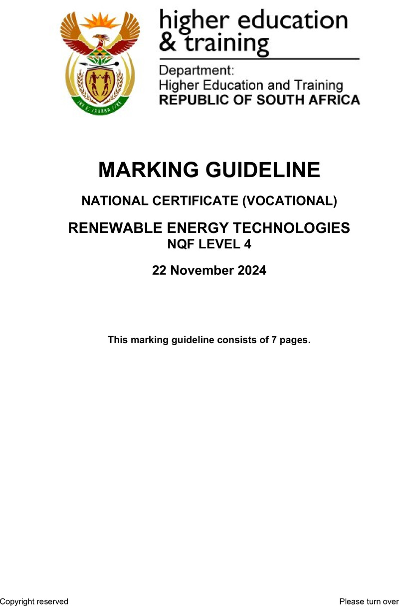 Renewable Energy Technologies Level 4 DHET NCV 2024 - Memo