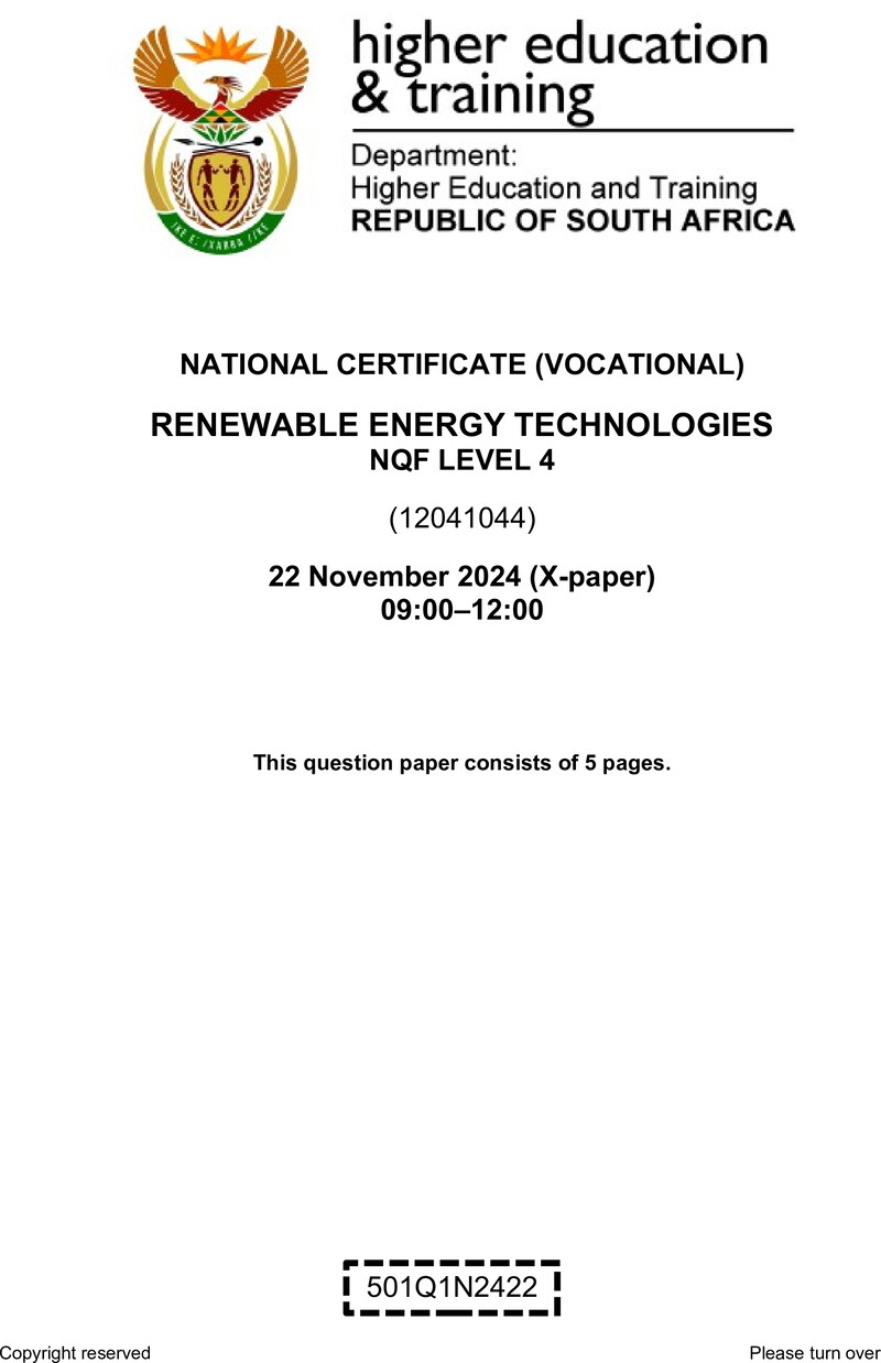 Renewable Energy Technologies Level 4 DHET NCV November 2024 Paper X - Question Paper