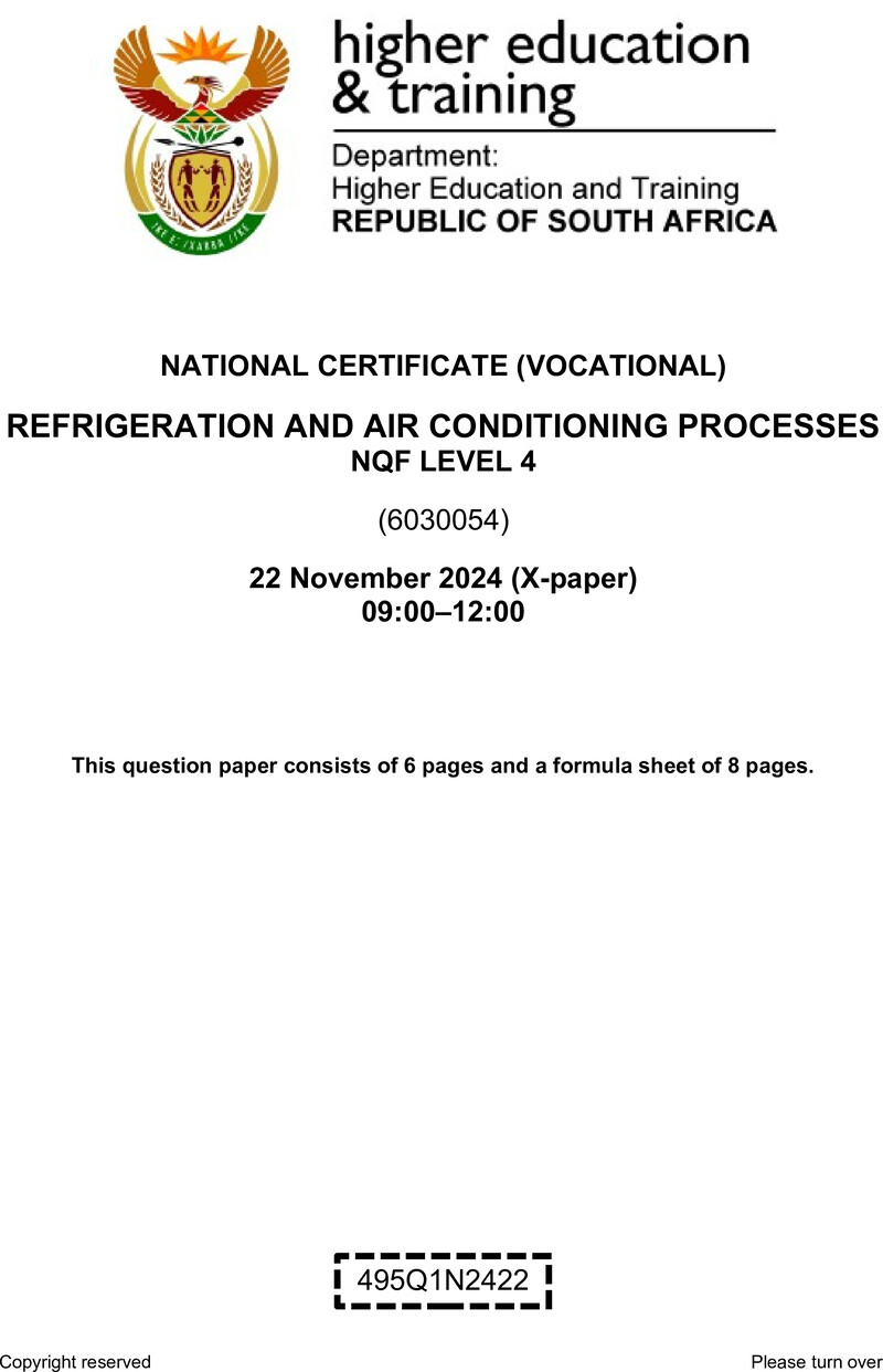 Refrigeration and Air Conditioning Processes Level 4 DHET NCV November 2024 Paper X - Question Paper