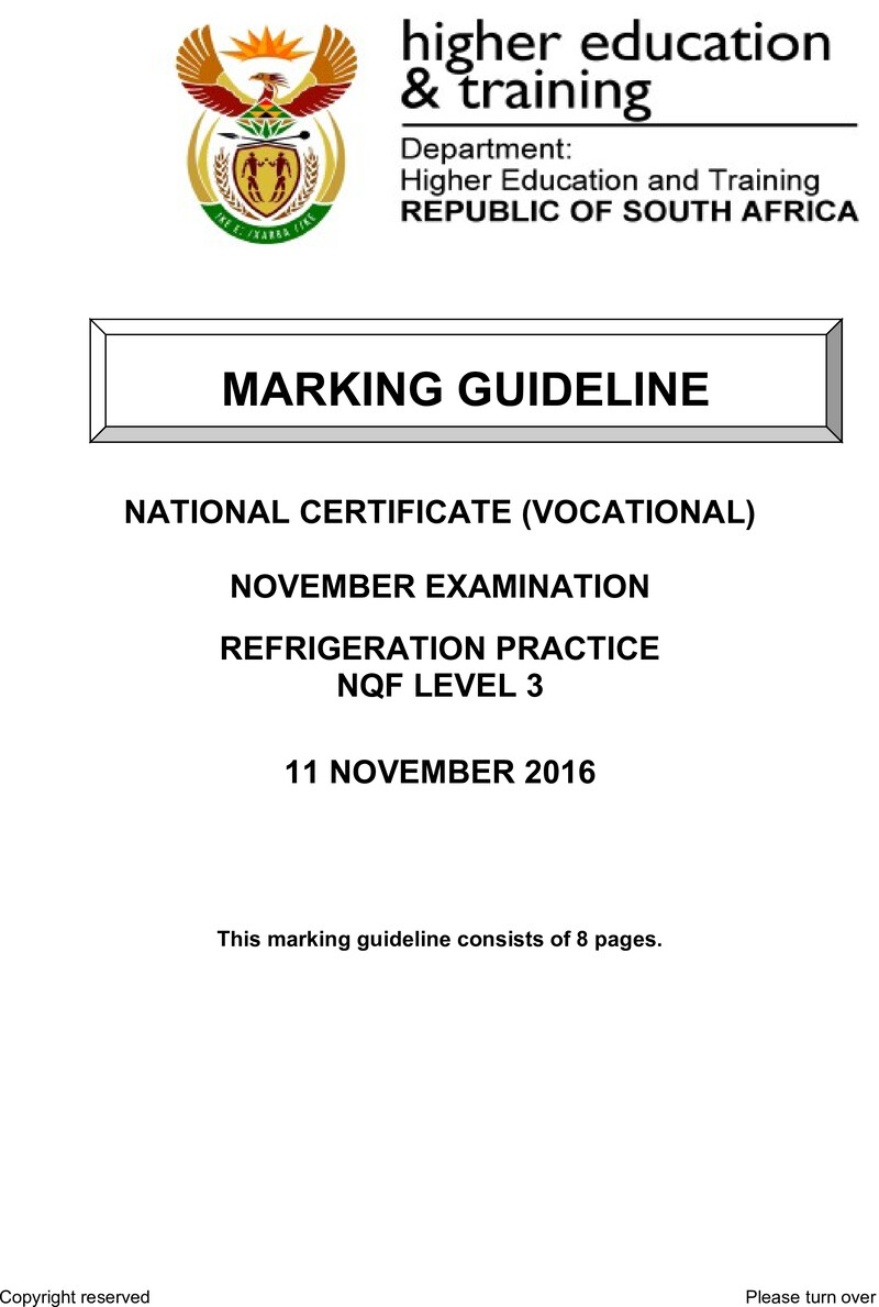 Refrigeration Practice Level 3 DHET NCV November 2016 - Memo