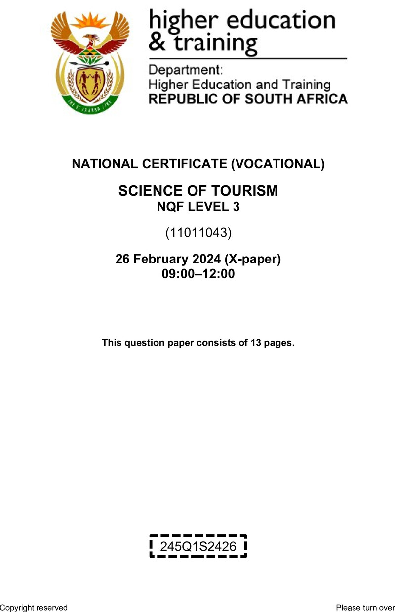 Science of Tourism Level 3 DHET NCV February 2024 Paper X - Question Paper