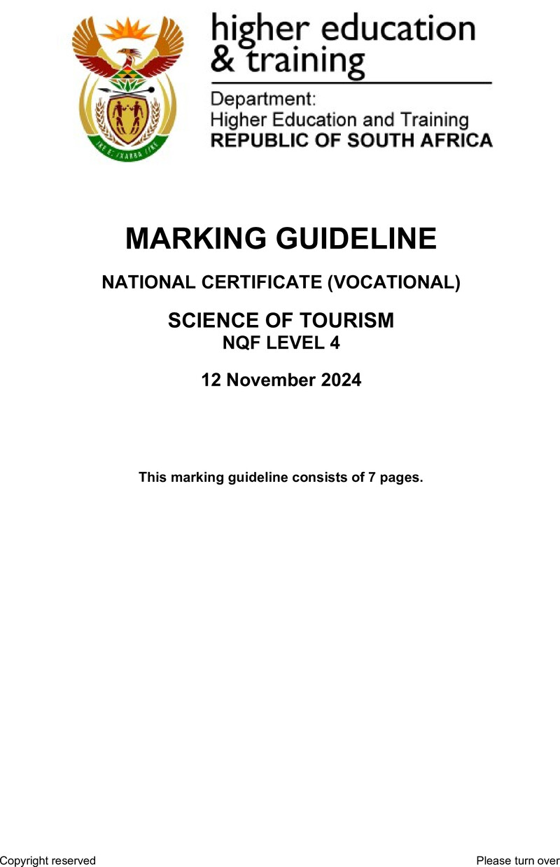 Science of Tourism Level 4 DHET NCV November 2024 - Memo