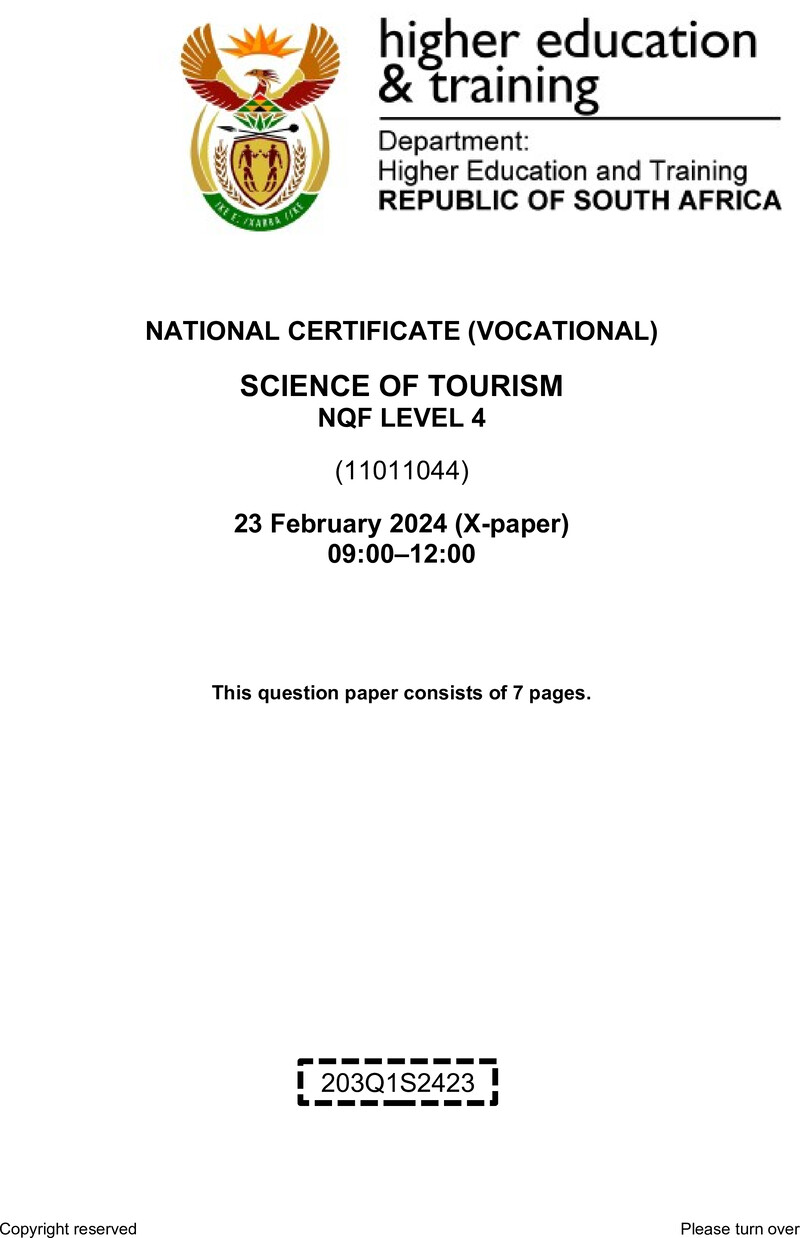 Science of Tourism Level 4 DHET NCV February 2024 Paper X - Question Paper