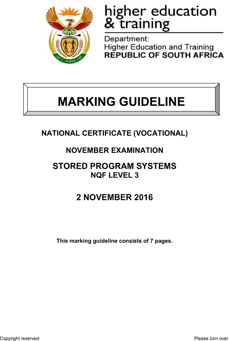 Stored Programme Systems Level 3 DHET NCV November 2016 - Memo