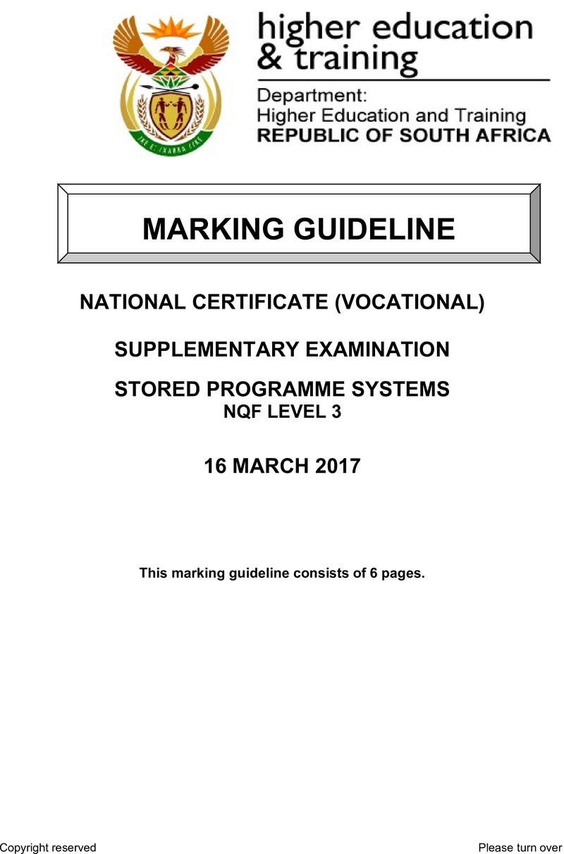 Stored Programme Systems Level 3 DHET NCV March 2017 - Memo