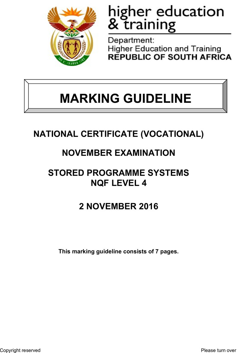 Stored Programme Systems Level 4 DHET NCV November 2016 - Memo