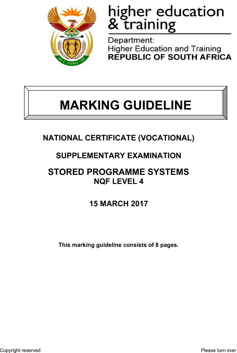 Stored Programme Systems Level 4 DHET NCV March 2017 - Memo