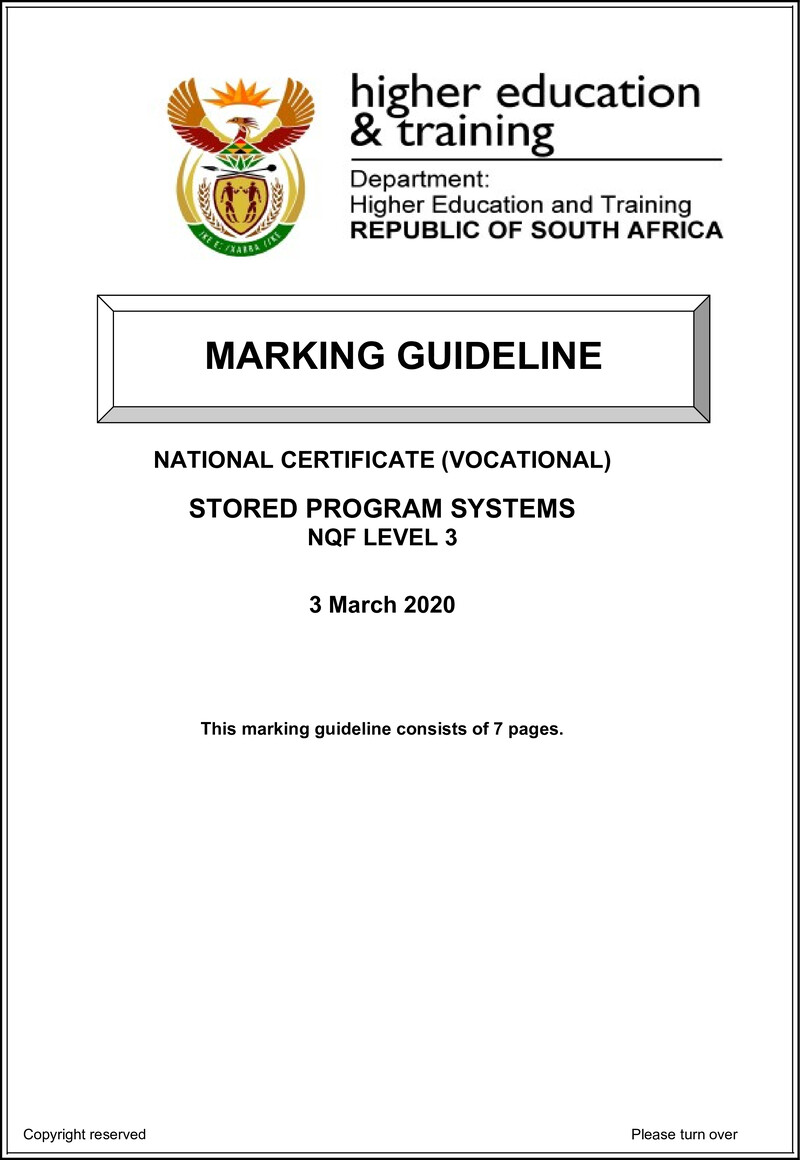 Stored Programme Systems Level 3 DHET NCV March 2020 - Memo