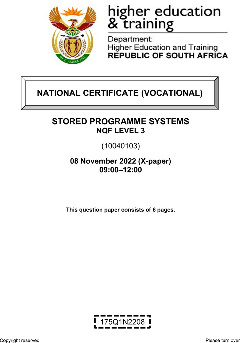 Stored Programme Systems Level 3 DHET NCV November 2022 Paper X - Question Paper