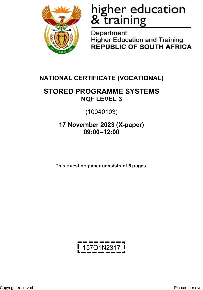 Stored Programme Systems Level 3 DHET NCV November 2023 Paper X - Question Paper