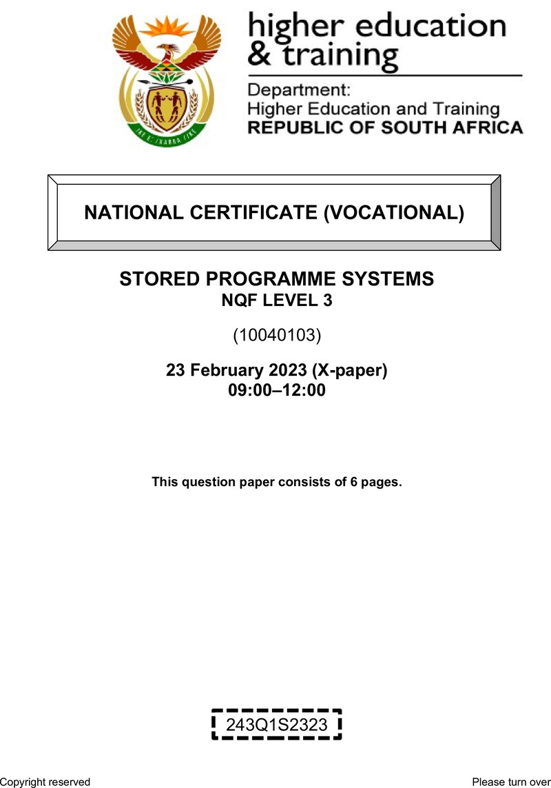 Stored Programme Systems Level 3 DHET NCV February 2023 Paper X - Question Paper