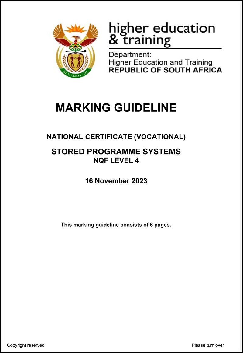 Stored Programme Systems Level 4 DHET NCV 2023 - Memo