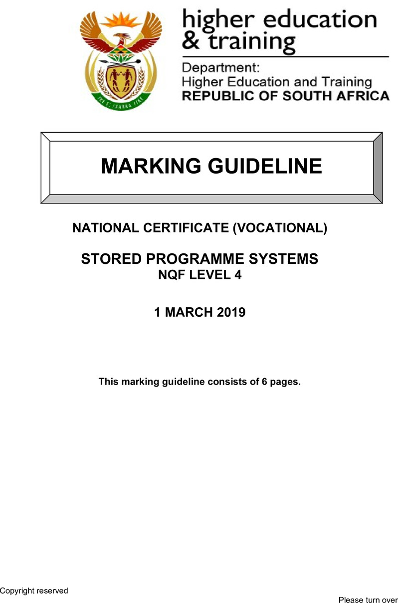 Stored Programme Systems Level 4 DHET NCV March 2019 - Memo