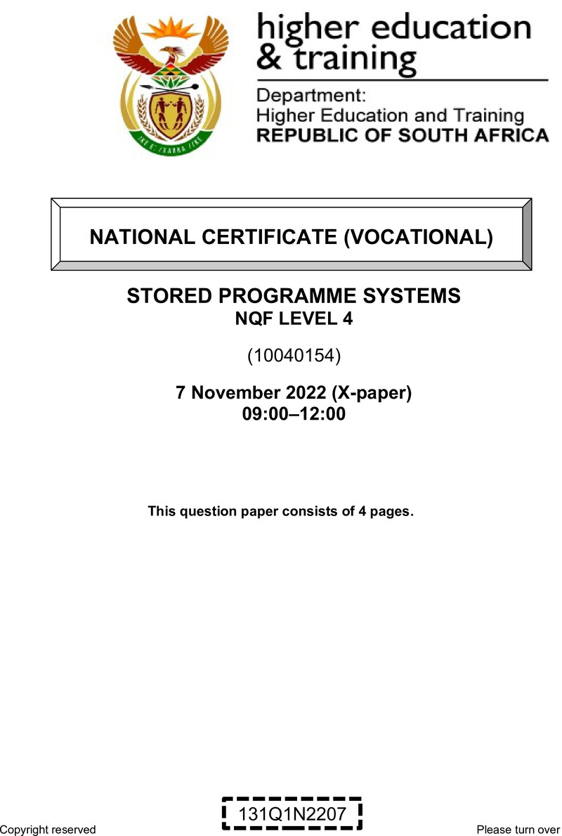 Stored Programme Systems Level 4 DHET NCV November 2022 Paper X - Question Paper