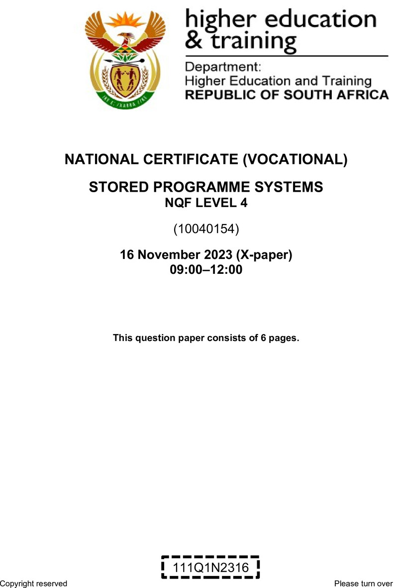Stored Programme Systems Level 4 DHET NCV November 2023 Paper X - Question Paper