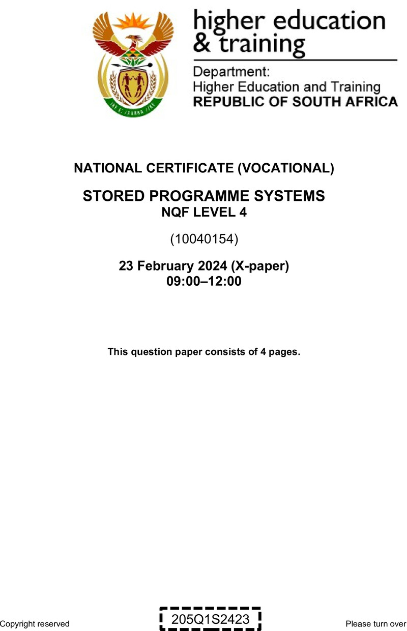 Stored Programme Systems Level 4 DHET NCV February 2024 Paper X - Question Paper