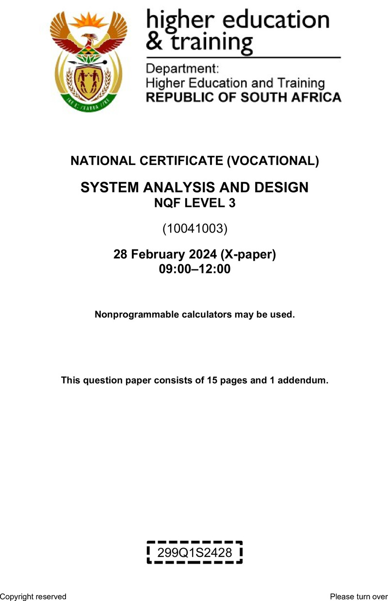 Systems Analysis and Design Level 3 DHET NCV February 2024 Paper X - Question Paper