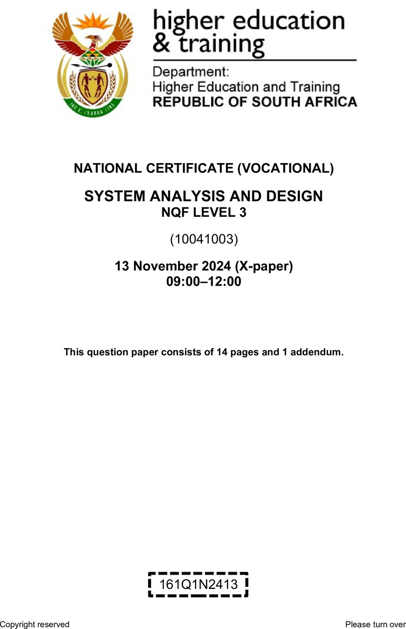 Systems Analysis and Design Level 3 DHET NCV November 2024 Paper X - Question Paper